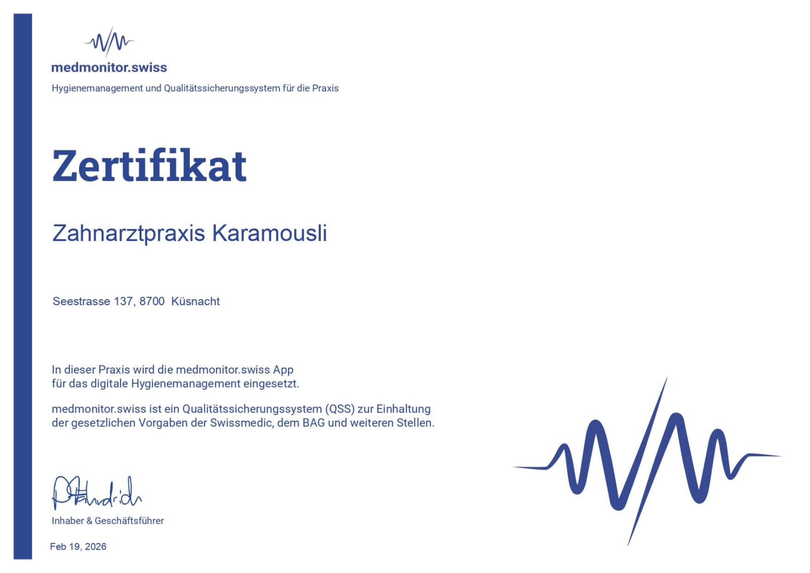 medmonitor.swiss Zertifikat – Zahnarztpraxis Karamousli Küsnacht